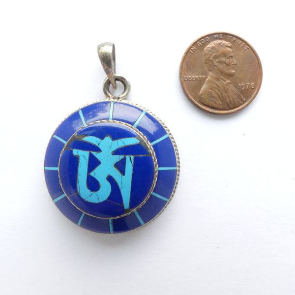 Himalayan, Tibetan Om Design in Turquoise and Lapis Blue Resin with Silver, 30mm Diameter