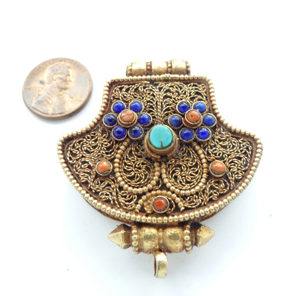 Himalayan Gau, Gold Plated with Lapis, Turquoise and Coral, 46x50mm