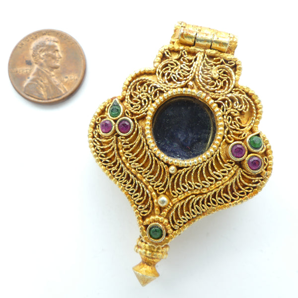 Himalayan Gau Box, Gold Plated with Emeralds & Rubies & Buddha Inside, 38x55mm