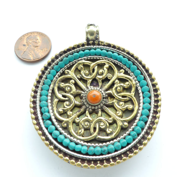Himalayan Pendant, Round Silver, Brass, Coral & Turquoise, 54mm Diameter