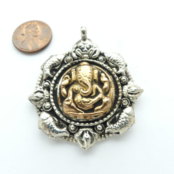 Himalayan Pendant, Auspicious Silver & Brass Rounded with Ganesha & Fish, 45mm Diameter