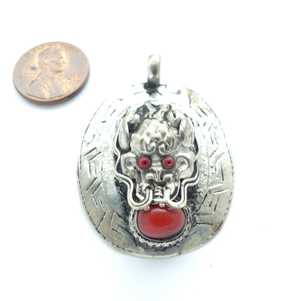 Himalayan Dragon Pendant with Red Mouth and Eyes, 33x44mm