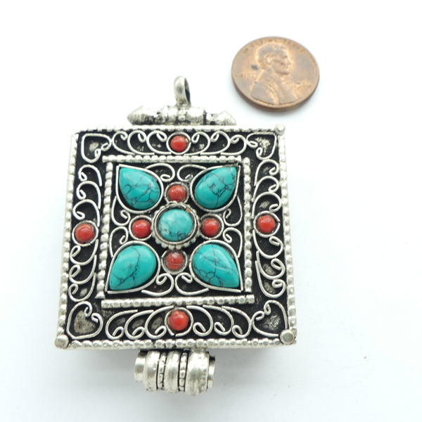 Himalayan Silver Gau Box, Square with Turquoise & Coral Accents, 39x50mm including loop