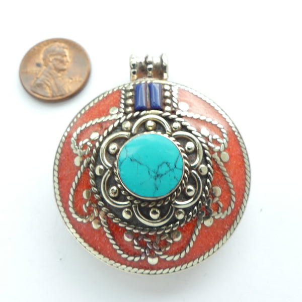 Himalayan, Pendant, Round with Silver Turquoise, Lapis, and Coral Resin, 43mm Diameter