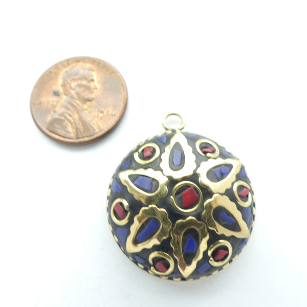 Himalayan, Small Round Pendant, Silver with Lapis and Faux Coral Inlay, 25mm Diameter