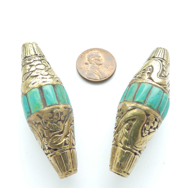 Himalayan Dragon Beads, Brass Bicones with Turquoise, 55mm Long, Sold Individually