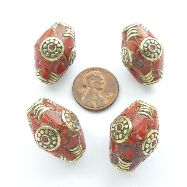 Himalayan, Large Bicones, Brass with Red Glass Inlay, 25x16mm, Sold individually