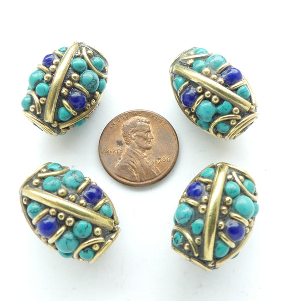 Himalayan, Large Barrels, Brass with Turquoise & Lapis Inlay, 21x15mm, Sold Individually