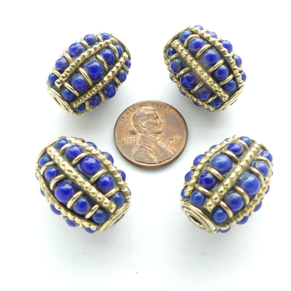 Himalayan, Large Barrels, Brass with Resin & Lapis Inlay, 23x17mm, Sold Individually