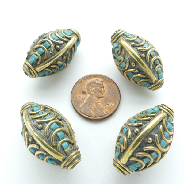 Himalayan, Large Bicone, Brass with Elaborate TQ & Brass Inlay, 26x15mm, Sold Individually