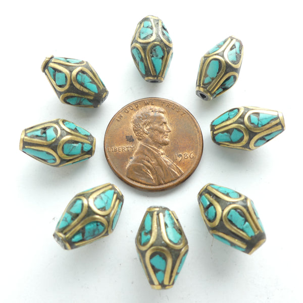 Himalayan, Bicones, Brass with Turquoise Inlay, 14mm Long by 8mm At Center, Sold in Pairs