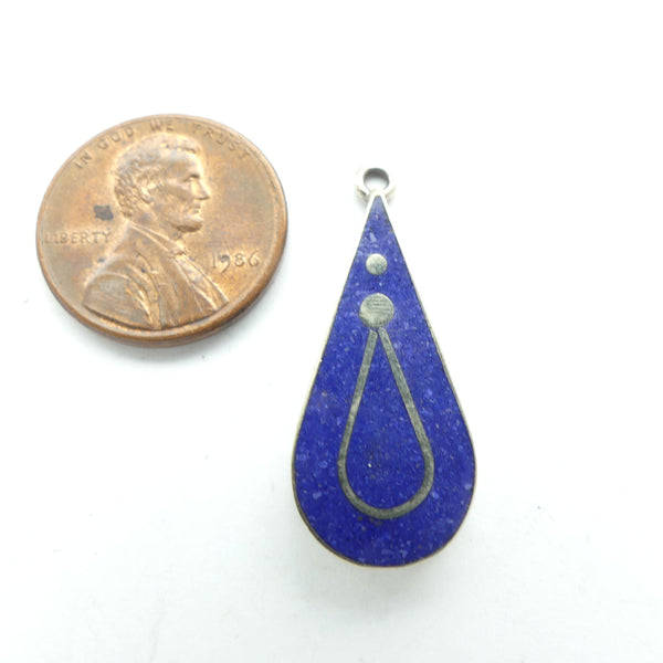 HImalayan, Small Drop Shape Pendant, Silver with Lapis Inlay, 30mm Long Including Loop