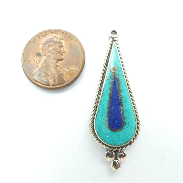 Himalayan, Small Drop Shape Pendant with Turquoise & Lapis Inlay, 42mm Long