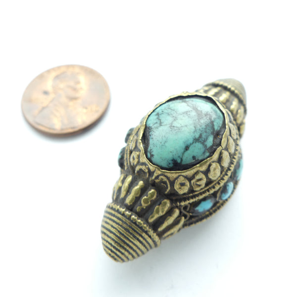 Himalayan, Antique Headdress Ornament from Tibet or Ladakh with Turquoise, 40x21mm