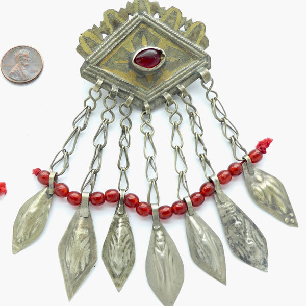 Turkoman Clasp Component Made Into Pendant, Silver with Cabochon & Dangles