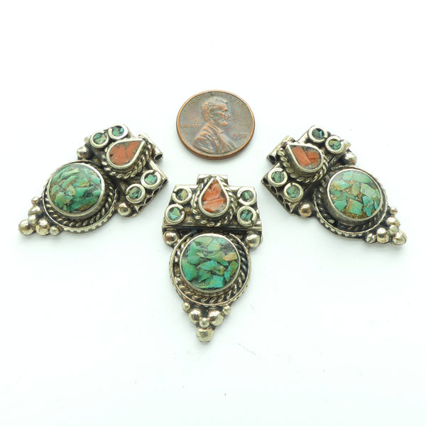 Tibetan Pendants with Turquoise & Coral Inlay, 36mm Long, Sold Individually
