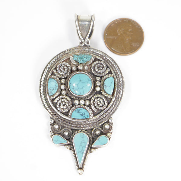 Nepalese Contemporary Pendant, Silver Alloy with Turquoise Resin Inlay, 3 Inches Long