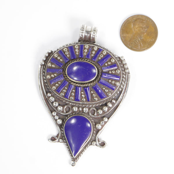 Nepalese Contemporary Pendant, Silver Alloy with Granulation and Lapis
