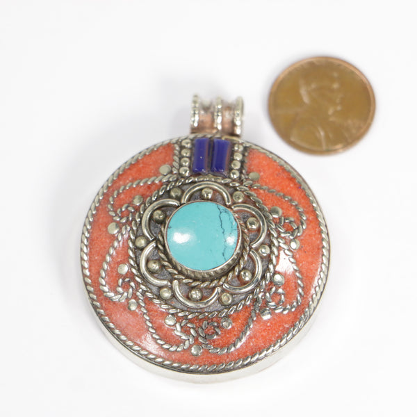 Tibetan/Nepalese Pendant, Round 42mm Diameter, with Turquoise & Coral Resin