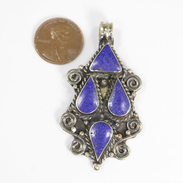 Nepalese Pendant, Contemporary Style, Silver Allay with Lapis/Resin Inlay 58mm Long