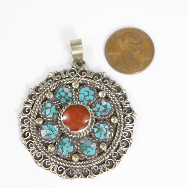 Tibetan/Nepales Pendant, Round Silver Alloy with Turquoise Chip Inlay, 42mm Diameter