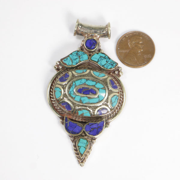Tibetan/Nepalese Pendant, Silver Alloy with Turquoisse & Lapis Chip Inlay, 3 inches long