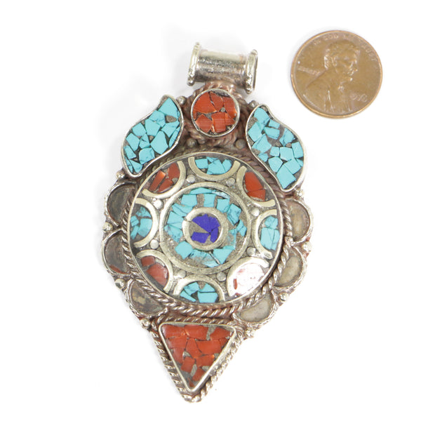 Tibetan/Nepalese Pendant, Silver Alloy with Turquoise Chip Inlay, 3 inches long