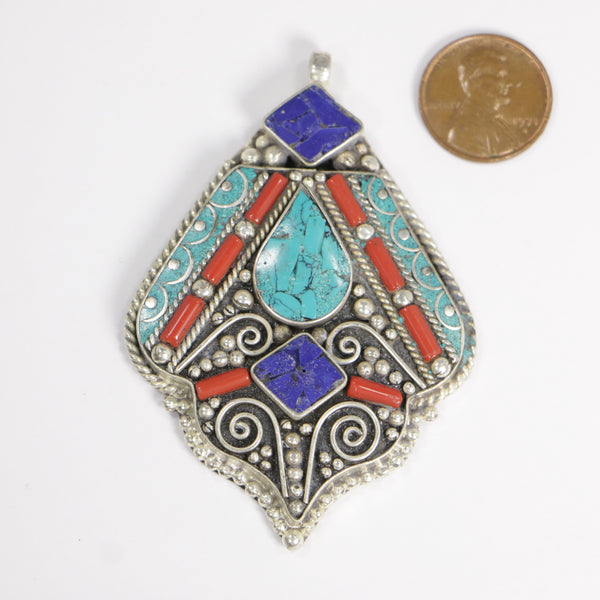Tibetan/Nepalese Pendant, Detailed Metalwork with Turquoise, Lapis, & Coral, 3 inches long