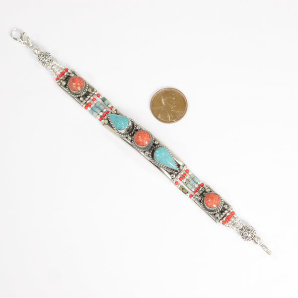 Bracelet, Silver Alloy with Faux Turquoise and Coral, 7 inches long