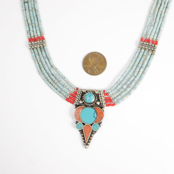 Necklace, Tibetan/Nepalese, One Pendant and 5 Strands, 19-inches Long