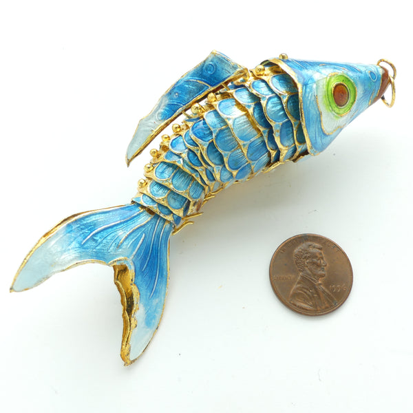 Cloisonne, Vintage Extra-Extra Large Articulated Fish Pendant/Ornament, Turquoise, 90mm Long