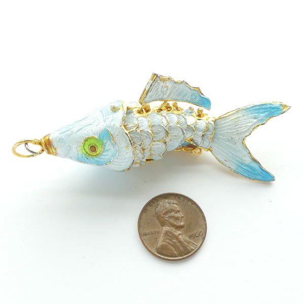 Cloisonne, Vintage, Large Articulated Fish Pendant, Light Aqua/White, 70mm