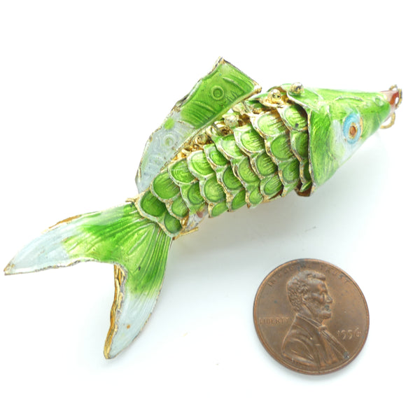 Cloisonne, Vintage Extra Large Articulated Fish Pendant, Light Green, 70mm, Sold Individually