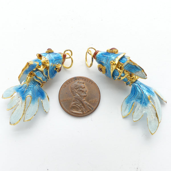 Cloisonne, Vintage, Small Articulated Fantail Fish, Turquoise 40mm Long, Sold Individually