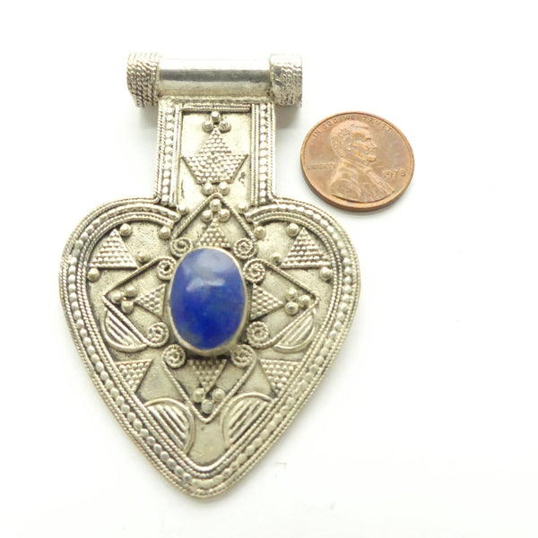 Turkoman New Heart-Shaped Pendant with Lapis, 2x3 inches