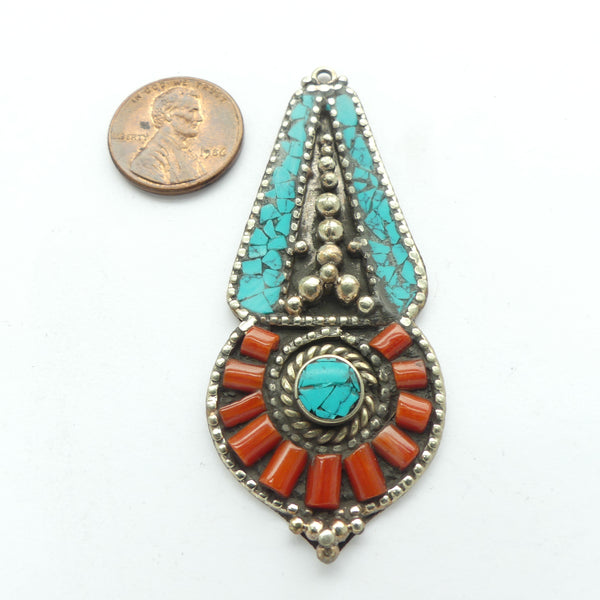 Himalayan Pendants, Large Drop Shape with Turquoise & Coral Inlay, 66mm Long