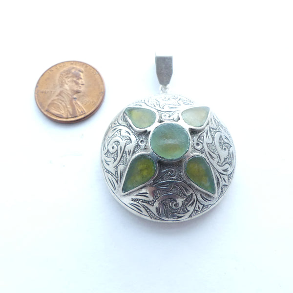 Afghan Contemporary Pendant, Round with Green Serpentine & Large Bail 35mm Diameter