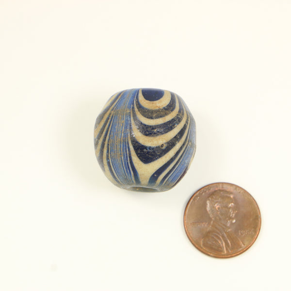 Jatim Bead, Large Blue & White Feathered Design, 24x25mm