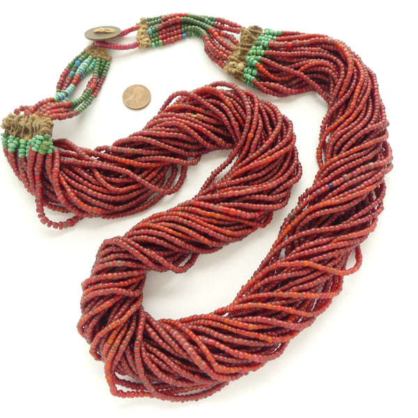 Naga Necklace, 28 Strands of 3-4mm White Hearts with Turquoise, 39 inches Long
