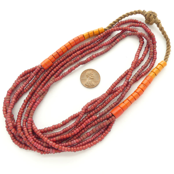 Naga Style Necklace, 4 Strands of White Hearts with Orange Beads, 28" Long