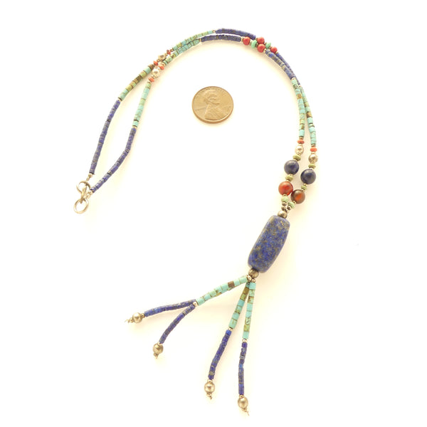Necklace, Mirco Lapis and Turquoise Beads from Afghanistan, 24 inches Long with Tassel