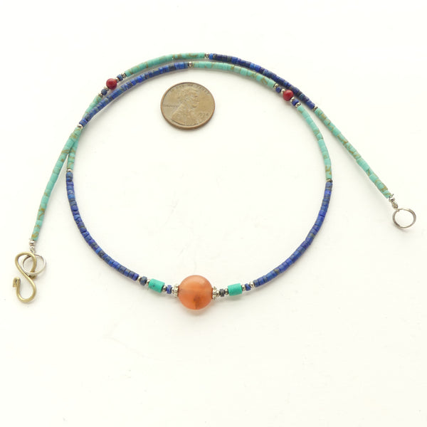 Necklace, Micro Beads of Lapis and Turquoise with Carnelian Center, 17 inches Long