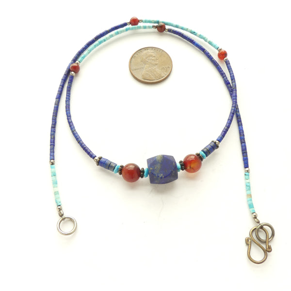 Necklace, Micro Beads of Natural Lapis and Turquoise with Lapis Cube Center, 17 inches long