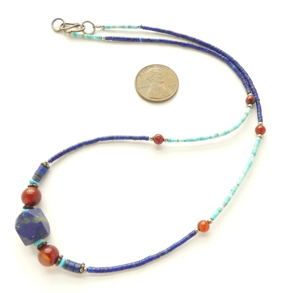 Necklace, Micro Beads of Natural Lapis and Turquoise with Lapis Cube Center, 17 inches long