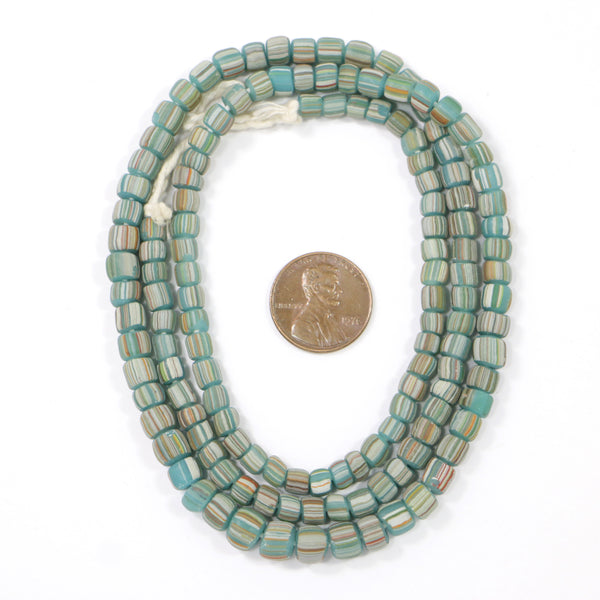 Indonesia, Small 4-6mm Diameter Matte Aqua Striped Beads on 23-inch Strands