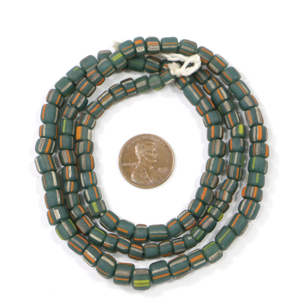 Indonesia, Spacer Beads Dark Green with Yellow, Orange & White Stripes, 4-5mm on 23-inch Strands