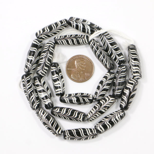 Indonesia, Black Feathered Beads, Decorated in White, Most 23x8mm, Sold on 18-inch Strands