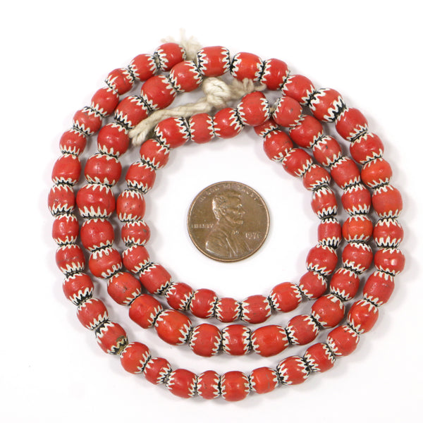 Indonesia, Chevron Beads, Small Four Layer in Bright Red, White and Black, 21-inch Strands