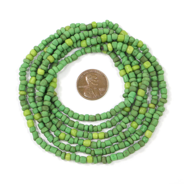 Indonesia, Green Matte Tonal Mix of Irregular Seed Beads Most 4mm Diameter, 24-inch Strands