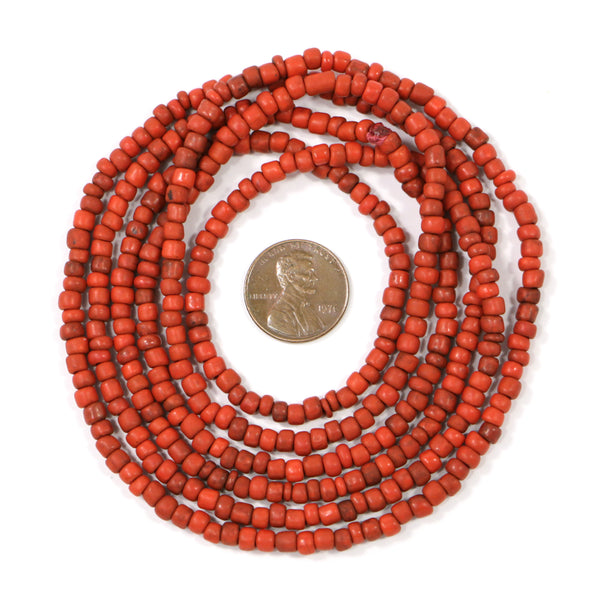 Indonesia, Red Matte Irregular Small Beads About 4mm on Extra Long 24-inch Strands